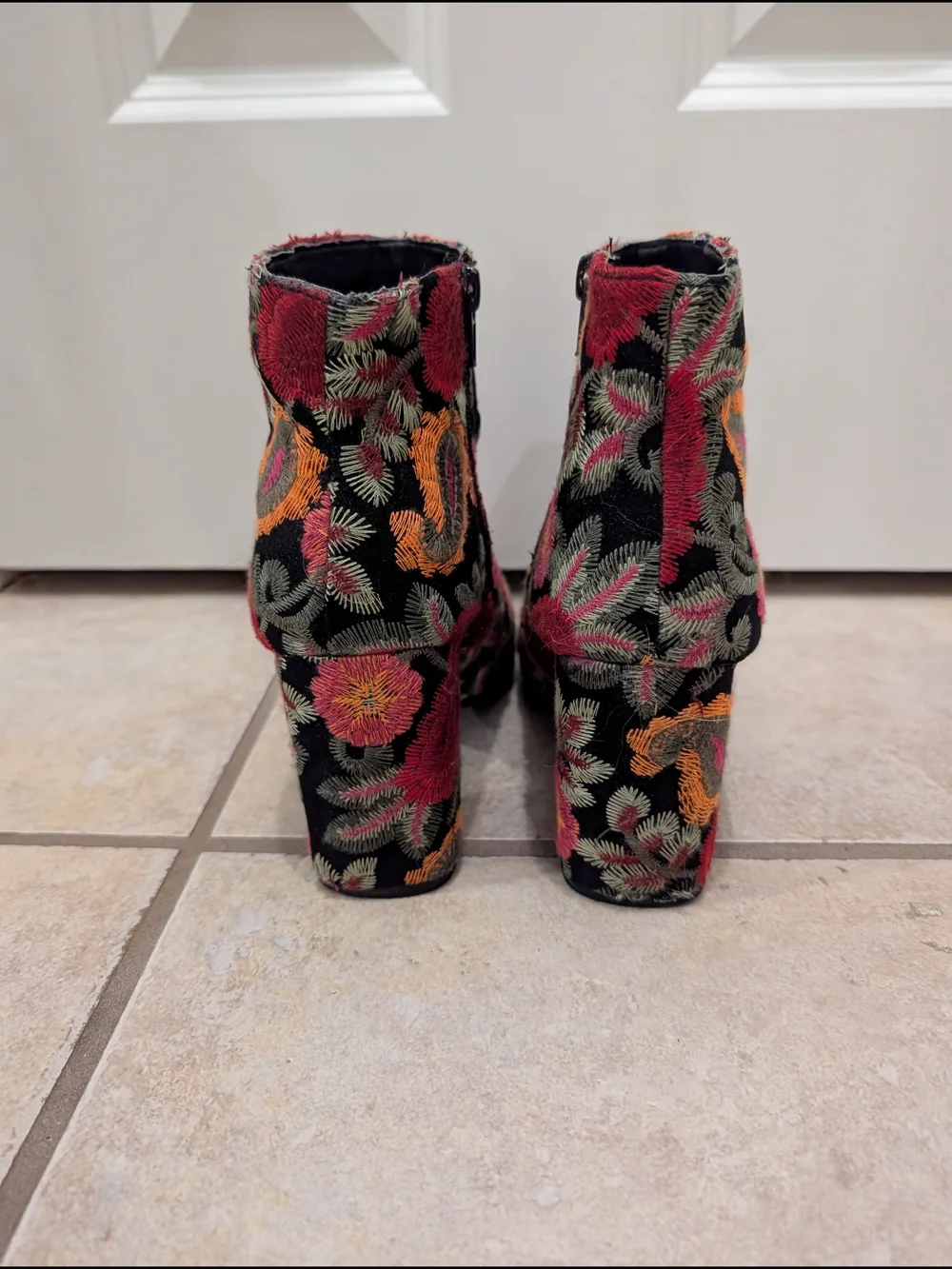 MIA Black Velvet Ankle Boots with Red, Orange & Green Floral Embroidery